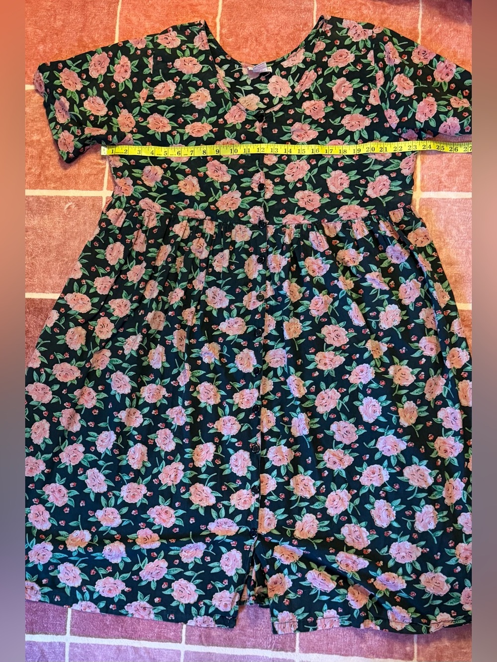 Floral Midi Dress in Black with Pink Rose Print